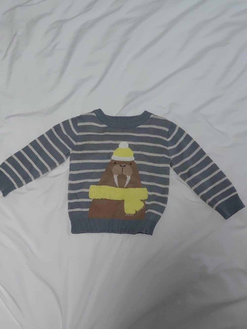Play  by Little Sleepies Gray Striped Kids Sweater with Walrus Graphic